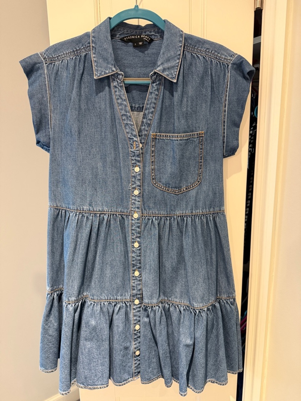 Veronica Beard Blue Denim Button-Tier Mini Dress